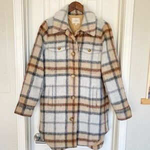 LOFT Brown, Cream and Grey Plaid Wool Blend Coat